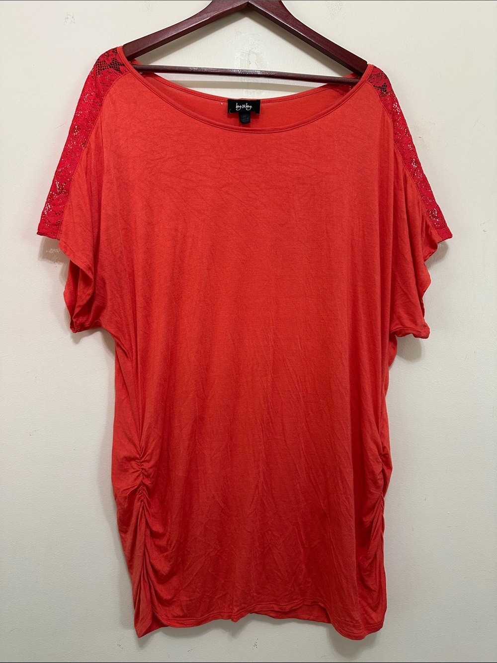bebe Coral-Red Lace-Shoulder Tunic Top